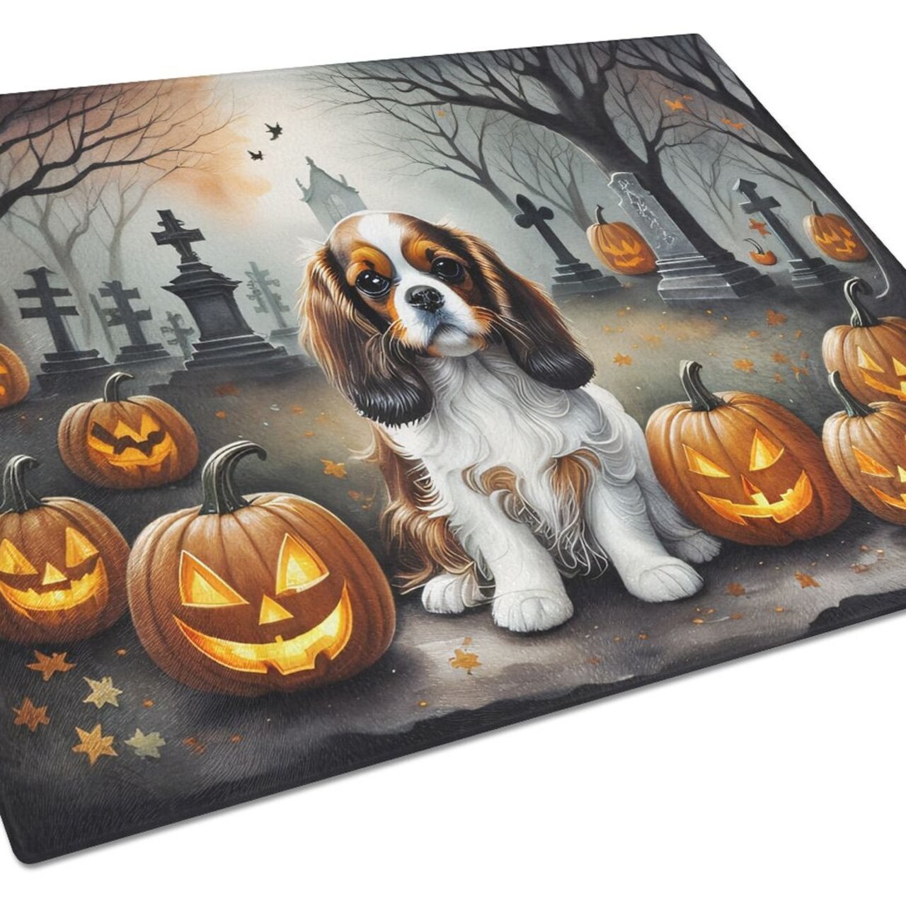Edge Collections - 15" x 12" - Multicolor - Halloween Cavalier Spaniel Glass Cutting Board - 1 Piece